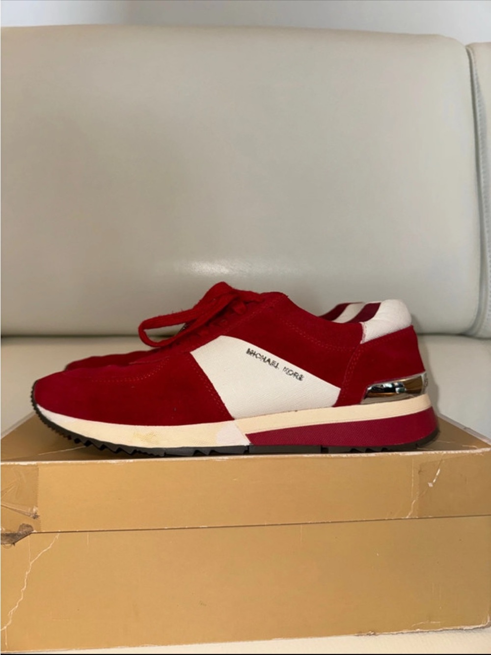 MICHAEL KORS RED & WHITE SUEDE LACE-UP SNEAKER